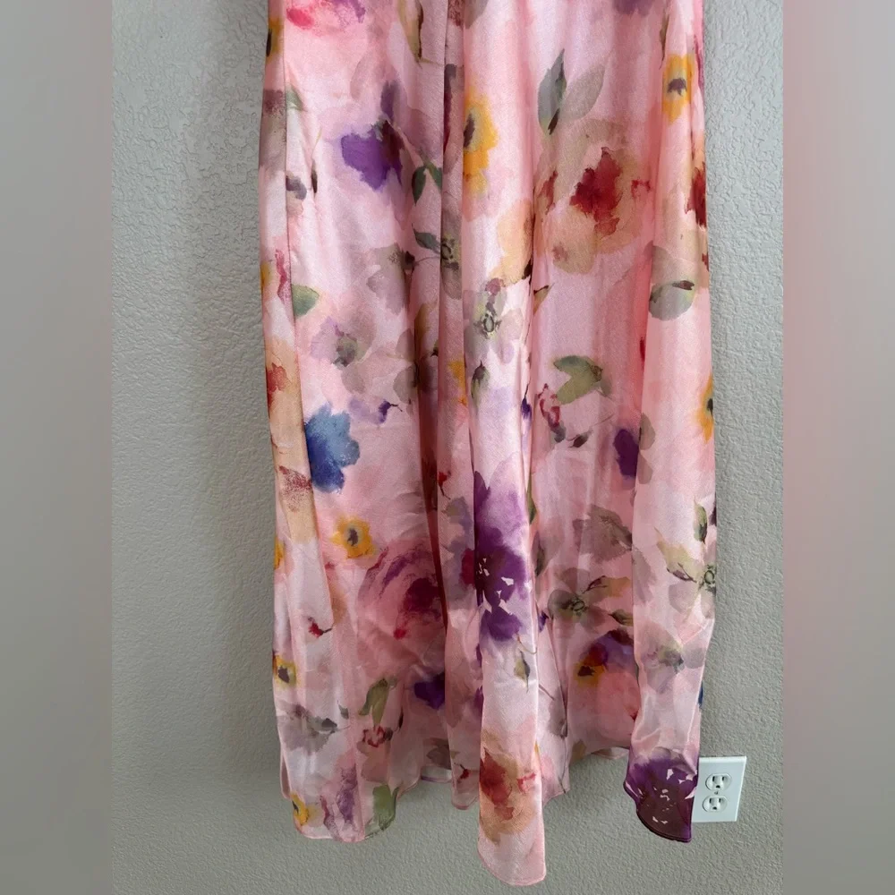 Maison Tara V Neck Pink Watercolor Floral Maxi Dress with Bow Straps size 6 $148 - Picture 16 of 16